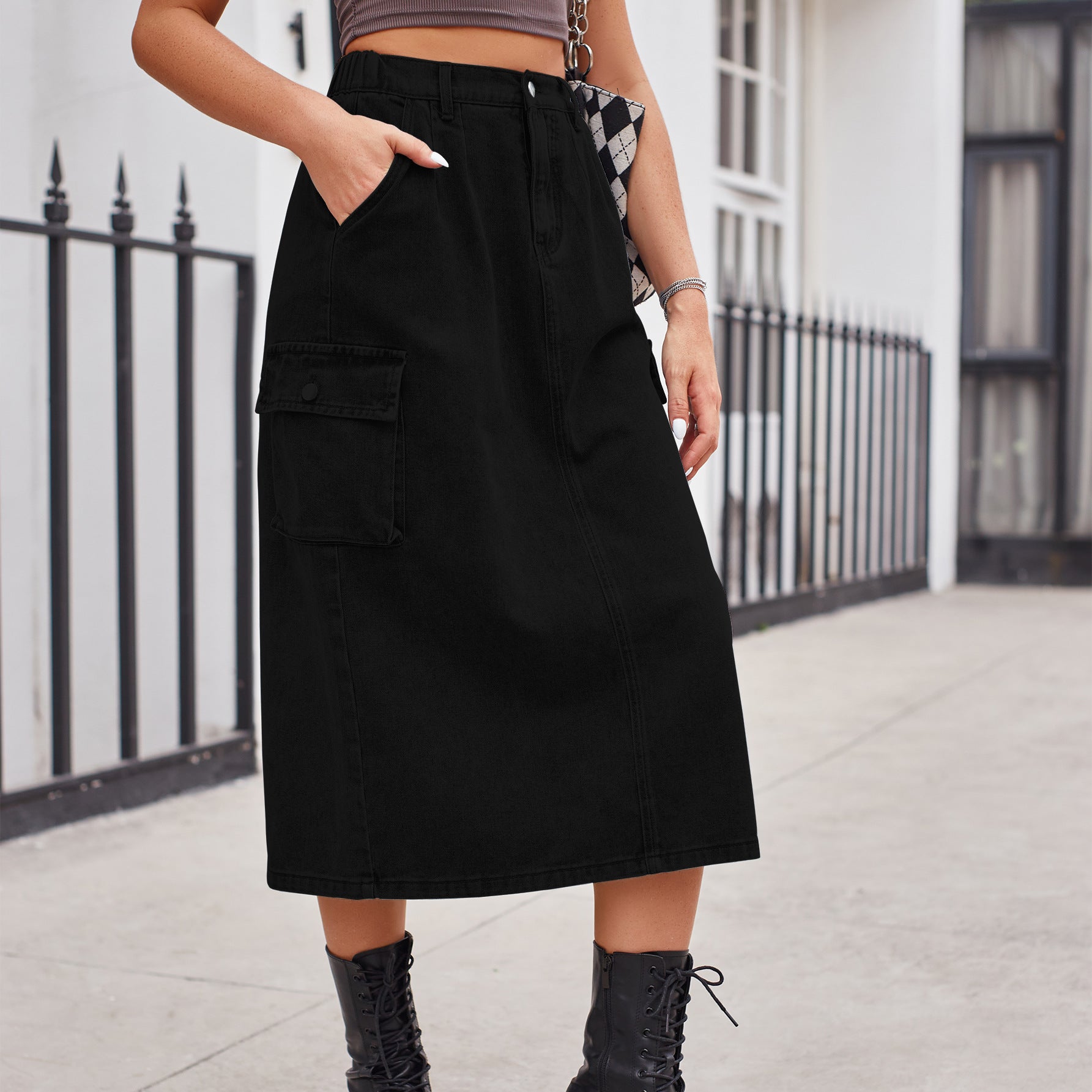 Slimming Wash Denim Cargo Midi Skirt for Women