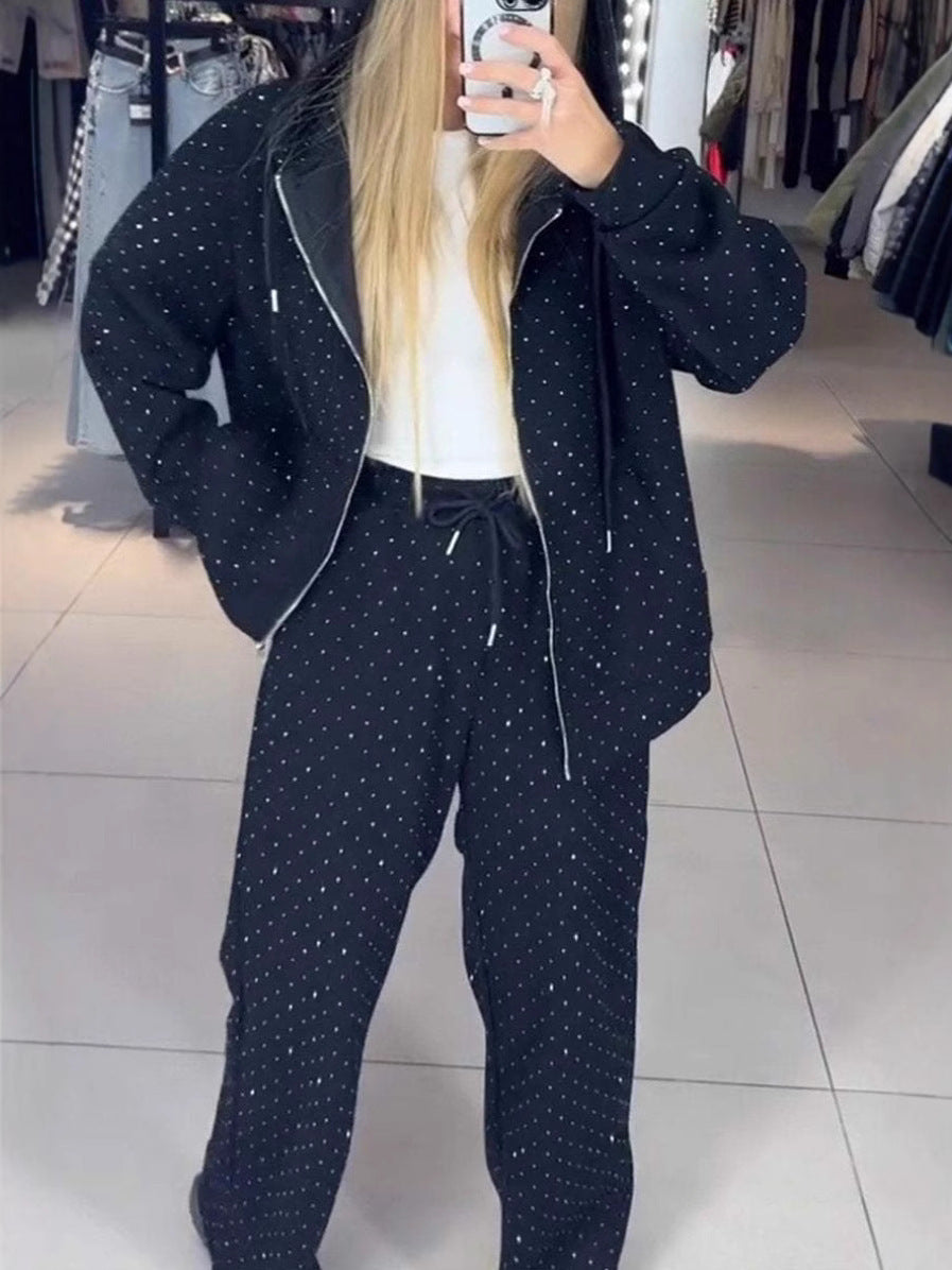 Women's Autumn & Winter Zip-Up Hooded Sweatshirt & Rhinestone Wide-Leg Pants Two-Piece Lounge Set