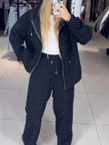Women's Autumn & Winter Zip-Up Hooded Sweatshirt & Rhinestone Wide-Leg Pants Two-Piece Lounge Set