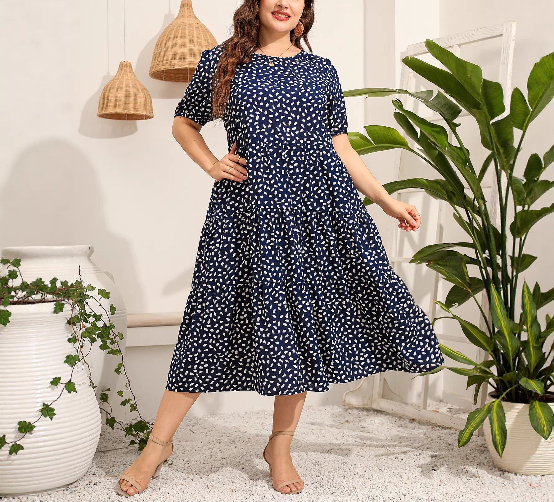 Women's Plus Size Irregular Polka Dot Short Sleeve Maxi Dress, Loose Fit Round Neck Casual Long Swing Dress
