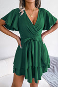 Women Leaf Sleeves Cross V-Neck Summer Dress