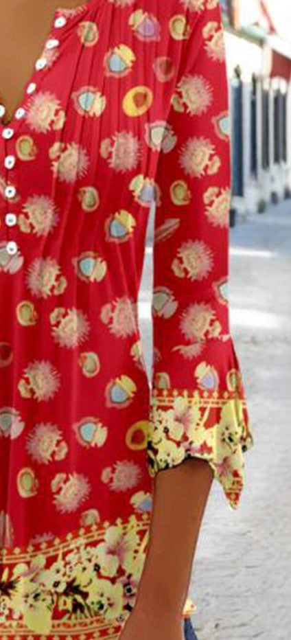 Summer New Fashion Button V-Neck Three-Quarter Sleeve Printed Shirt Top for Women