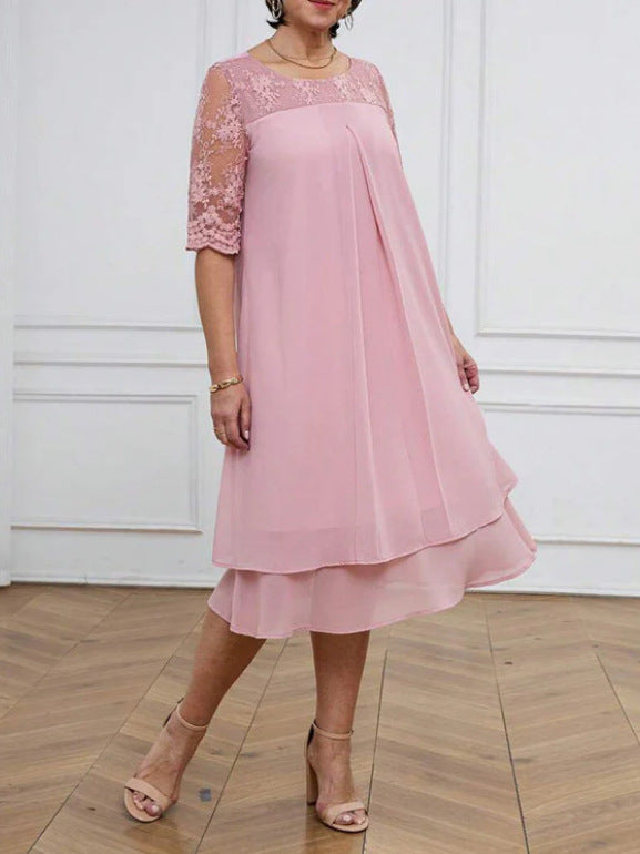 Autumn Elegant Solid Color Lace Sleeve Round Neck Midi Dress for Women