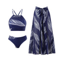 Three-Piece Skirt-Style Sunscreen Swimsuit with Feather Print - Women's Swimsuit