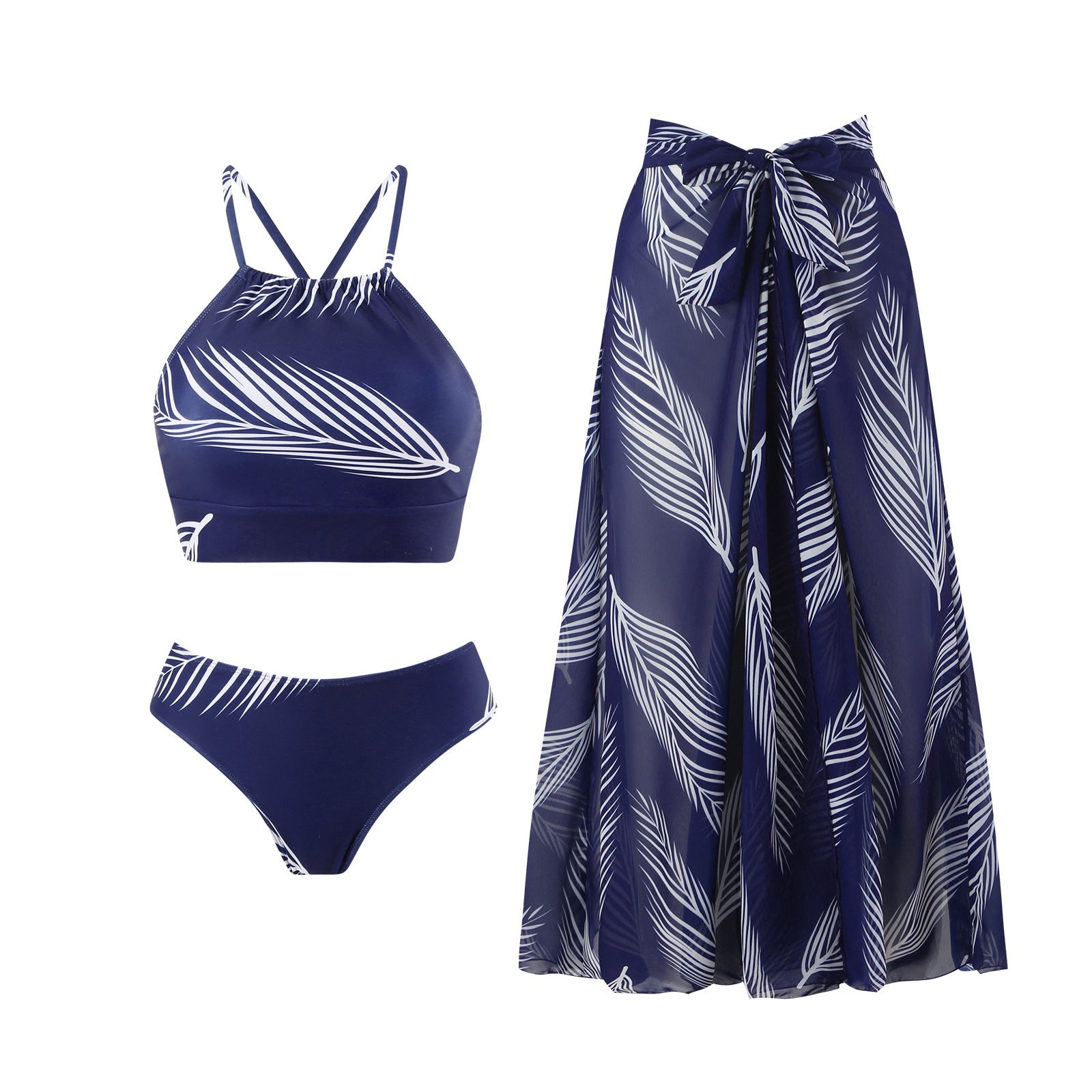 Three-Piece Skirt-Style Sunscreen Swimsuit with Feather Print - Women's Swimsuit