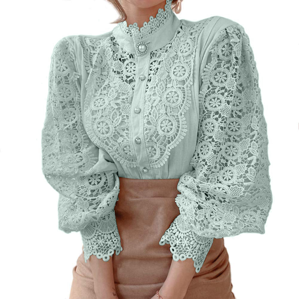 Women's Solid Color Hollow-Out Lace Stand Collar Pearl Button Long Sleeve Shirt Top