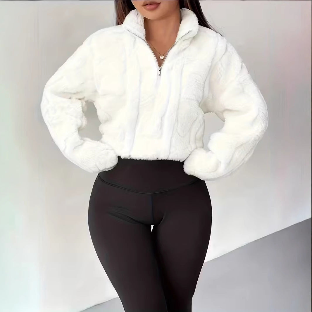 Women's Fashion Long-Sleeved Zipper Short Textured Fleece Sweatshirt Top