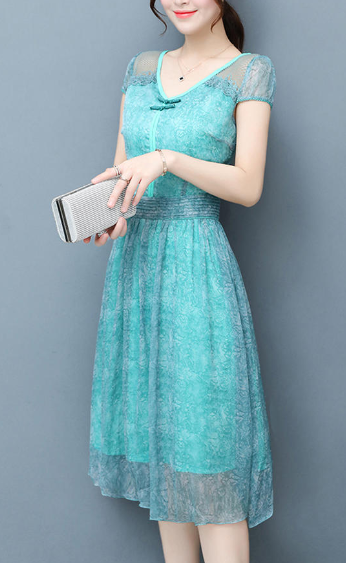 Women Chiffon Lace Sleeve Party Dress