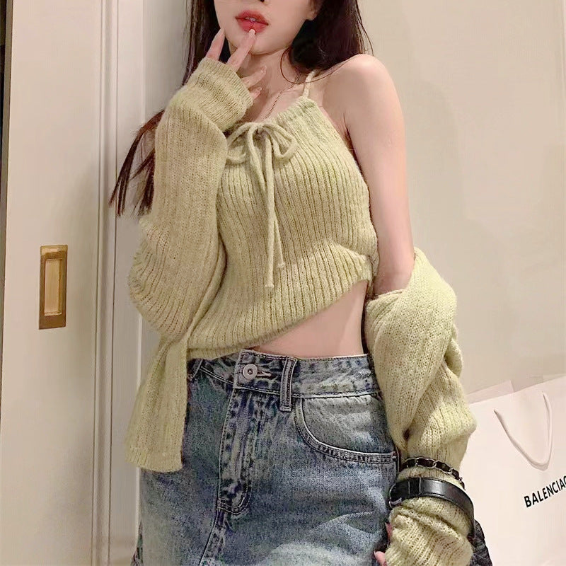 Women's Small Short Knitted Sweater Two-Piece Set - Camisole & Cardigan