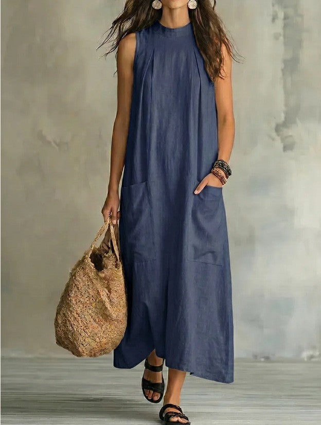 New Elegant Round-Neck Sleeveless Pocket Solid Color Dress for Women