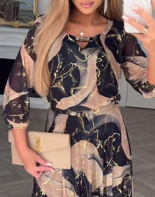 Women’s Elegant Seven-Sleeve Printed Waist Dress