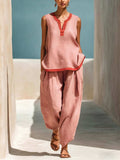 Women's Casual Color-Blocked Trim Sleeveless Top and Wide-Leg Pants Two-Piece Set