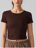 Pleated Waist Slimming T-Shirt Women's Ribbed Stretch Short Sleeve Sports Top for Summer Fitness Yoga & Running