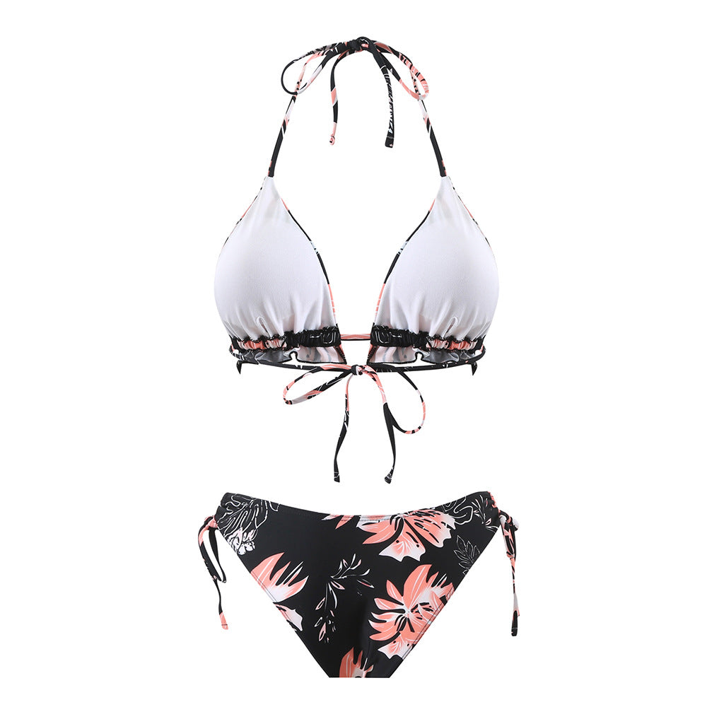 New Digital Print Double Shoulder Halter Strap Bikini Two-Piece Swimsuit for Women