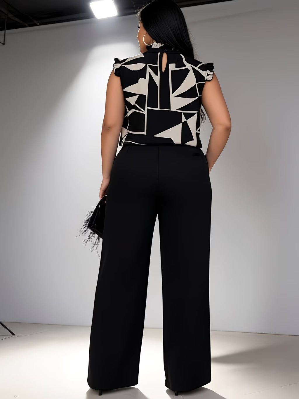 Women’s Printed Sleeveless Shirt and Black Straight-Leg Pants Two-Piece Set
