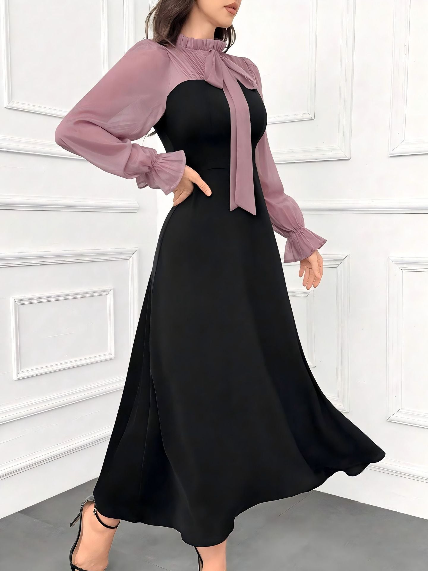 New Style Color-Block Faux Two-Piece Long Sleeve Maxi Dress with Bow Tie Waist for Women, Elegant Casual Fashion Dress