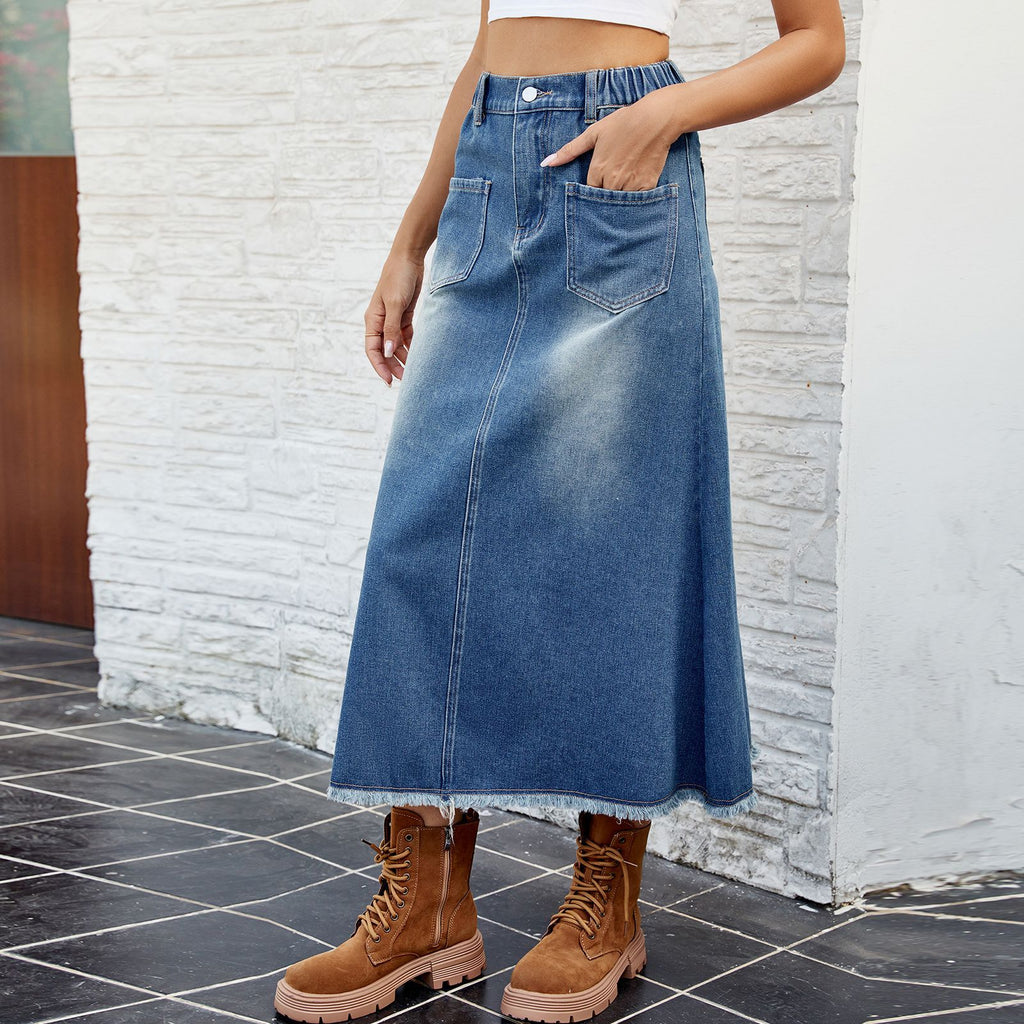Women's Spring/Summer Washed Frayed Denim Midi Skirt - New Arrival