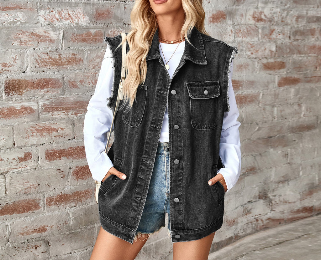 Women's Washed Denim Loose Fit Vest - Casual Sleeveless Waistcoat Cardigan Top