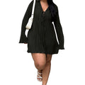 Wish Plus Size Elegant Tie-Waist Dress – Long Sleeve Flared Skirt, Slimming Formal Wear, Solid Color Evening & Office Outfit