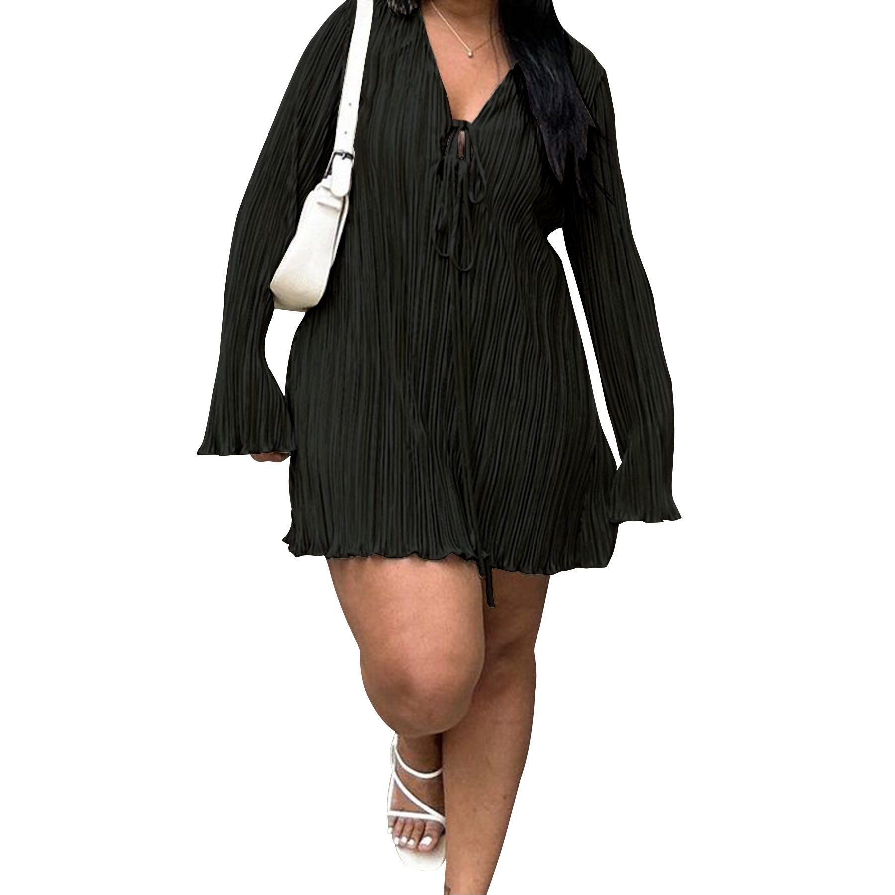 Wish Plus Size Elegant Tie-Waist Dress – Long Sleeve Flared Skirt, Slimming Formal Wear, Solid Color Evening & Office Outfit