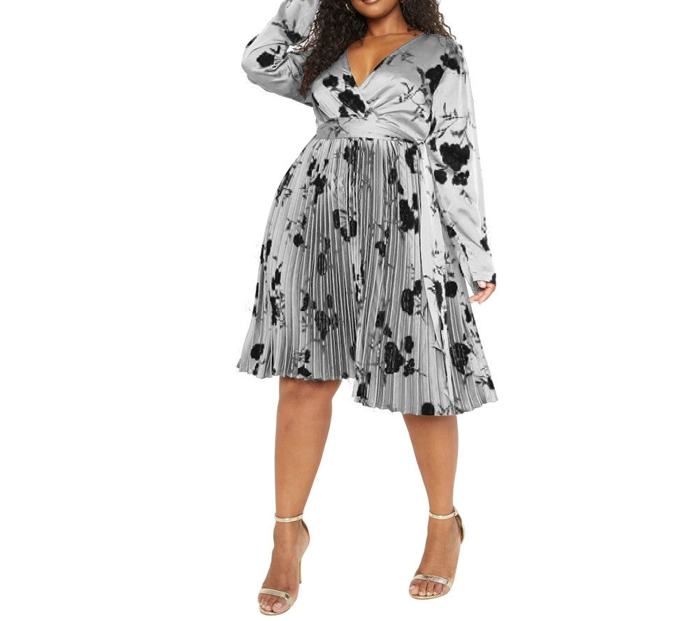 Autumn Floral Dress for Women – Deep V Neck, Pleated Skirt, Elegant Temperament Style