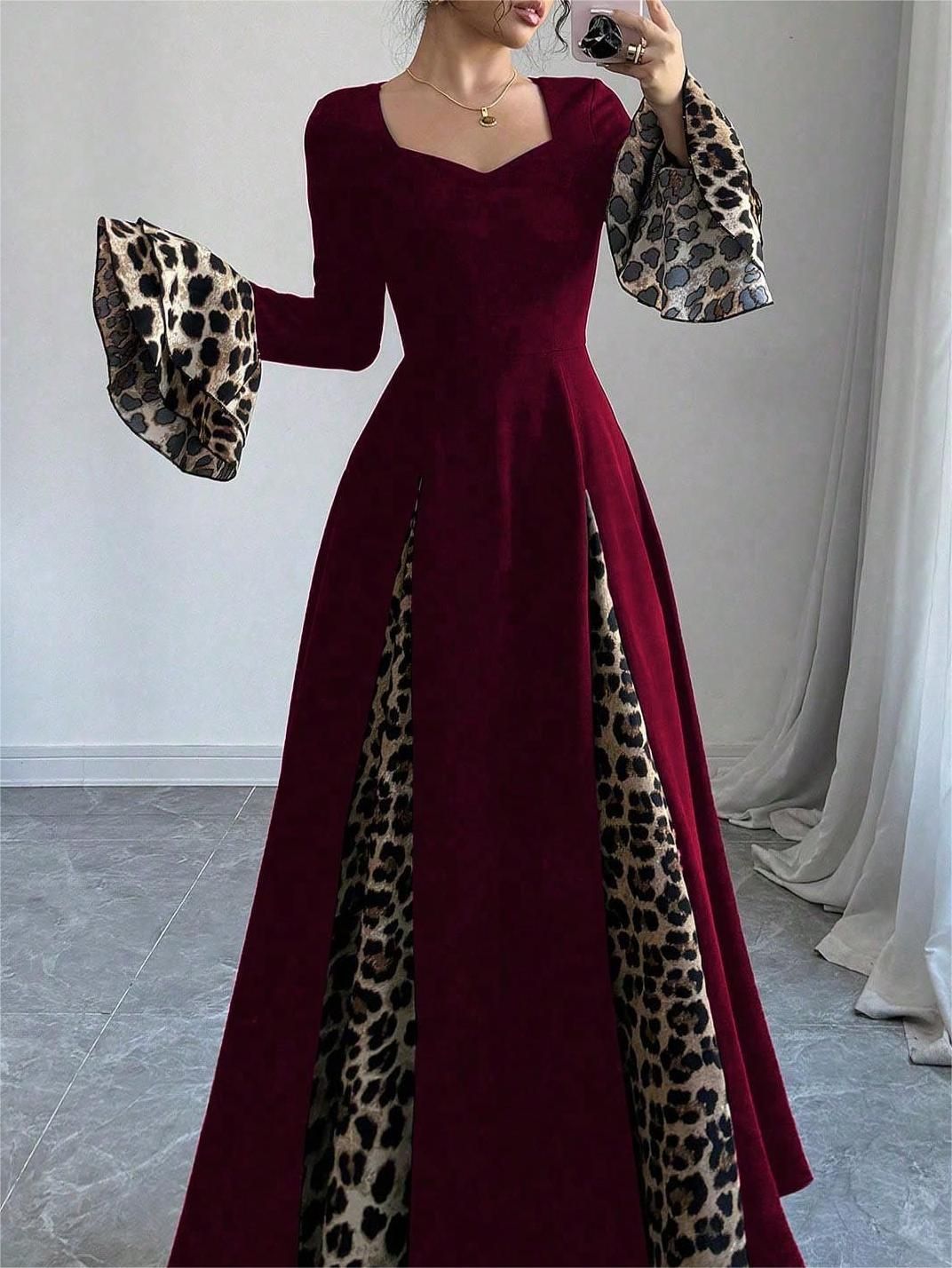 Women's Autumn Winter Leopard Print Contrast Color Trumpet Sleeve Midi Dress