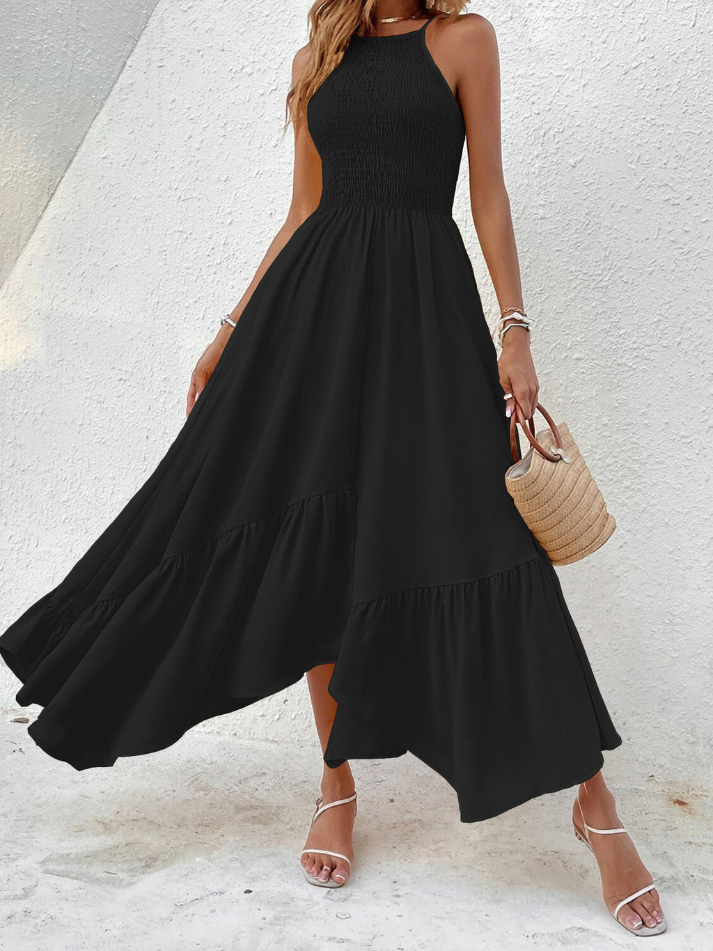 Women's Summer Elegant Sleeveless Sling Dress with Irregular Hem Casual Lightweight Midi Dress