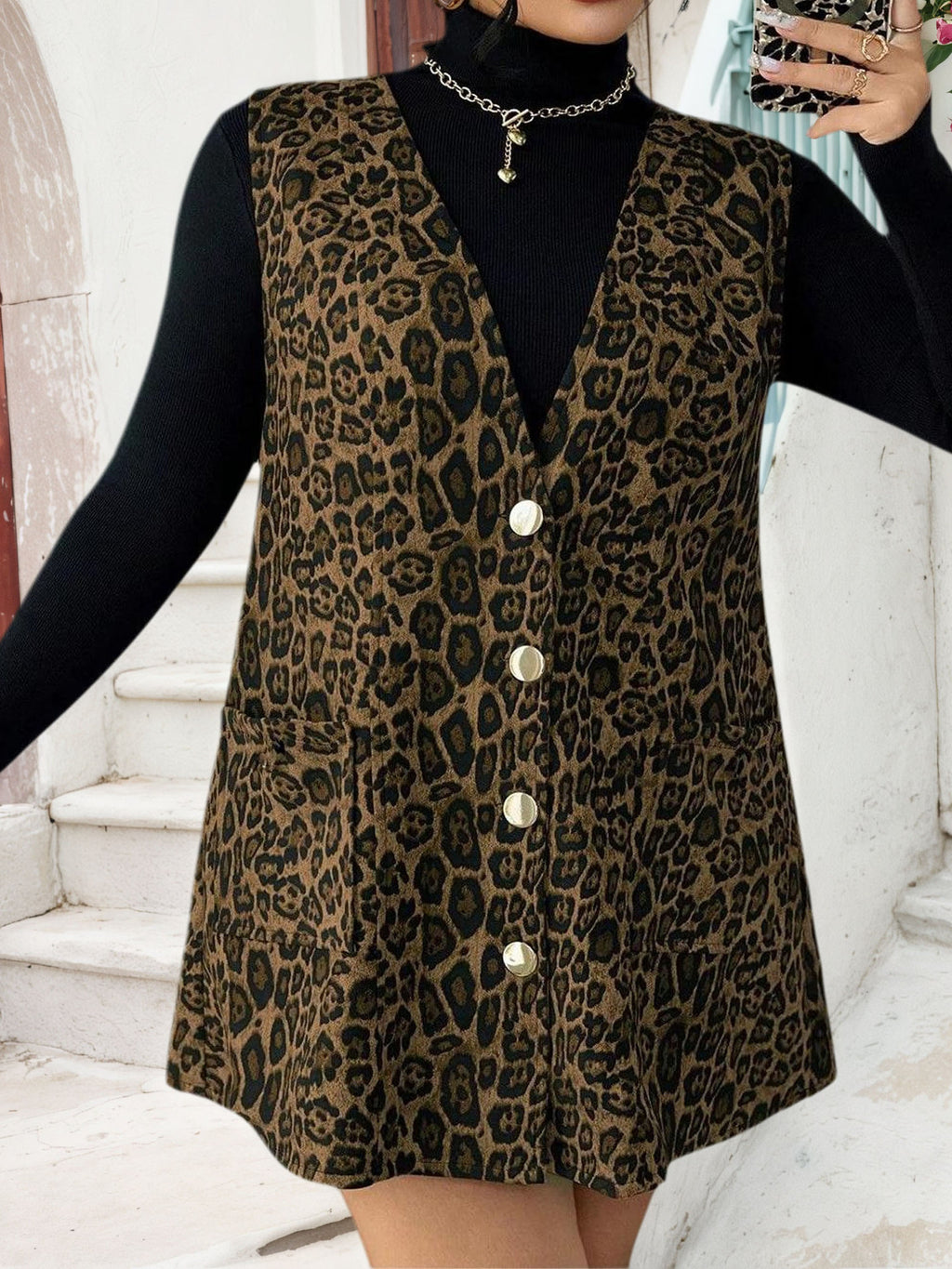 Women's Leopard Print V Neck Sleeveless Loose Fit Casual Vest Top