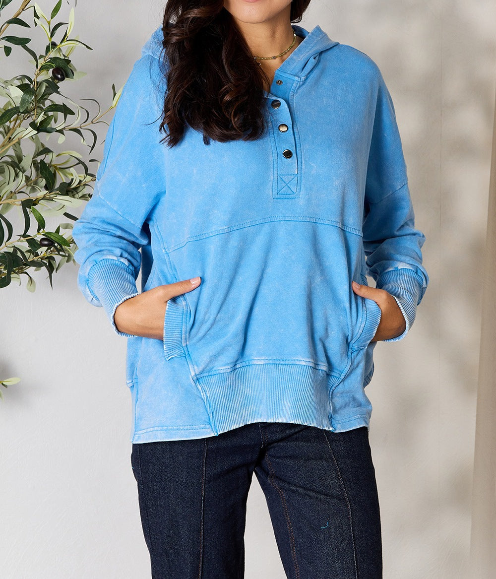 Women's Zenana Half Snap Long Sleeve Hoodie with Pockets