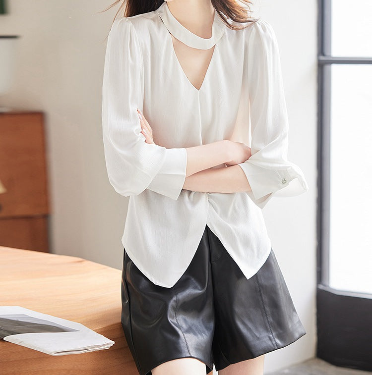 Women's Plus Size Casual Long Sleeve V-Neck Shirt - Versatile Spring & Autumn Top
