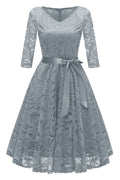 Women Summer V-Neck Stitching 3/4 Sleeves With Belt Fashion Elegant Beautiful Dress