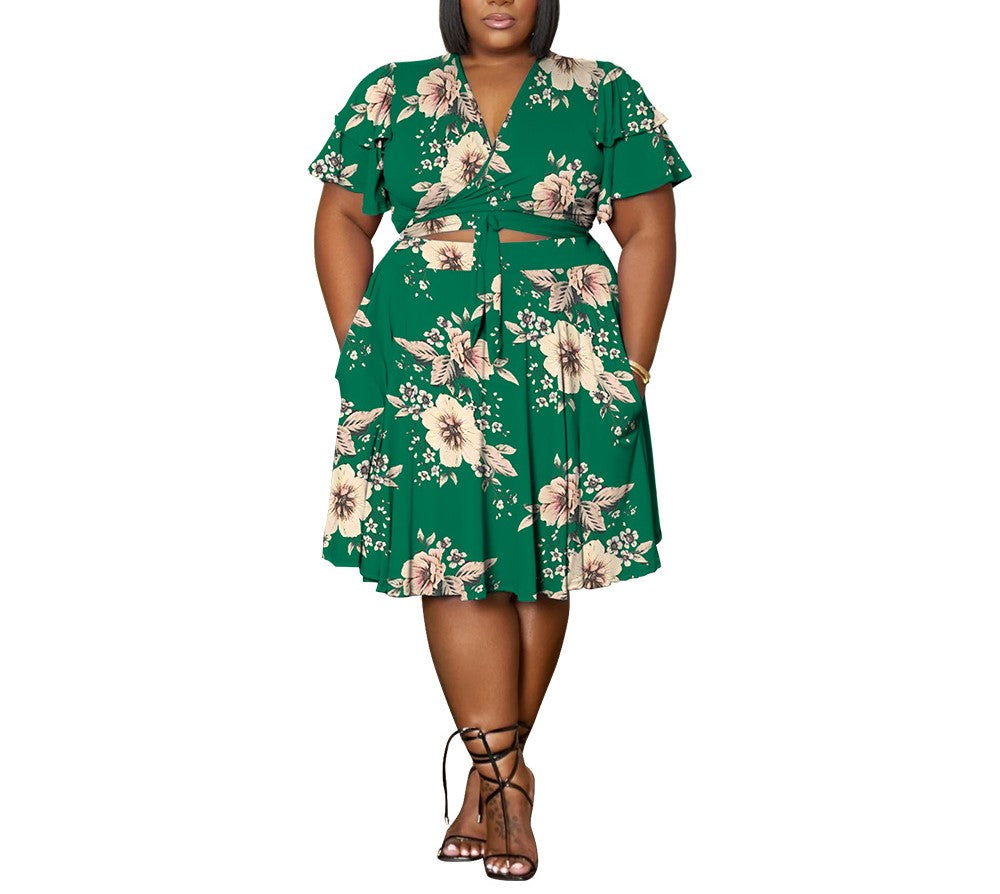 Women's Plus Size Ruffled Sleeve V-Neck Tie Short Skirt Set with Pockets – Chic Two-Piece Outfit