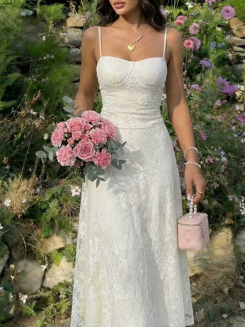Women's 2026 Summer Lace Suspender Maxi Dress – Elegant Sleeveless Waist-Cinching Long Dress with Slim Fit and Flowing Skirt
