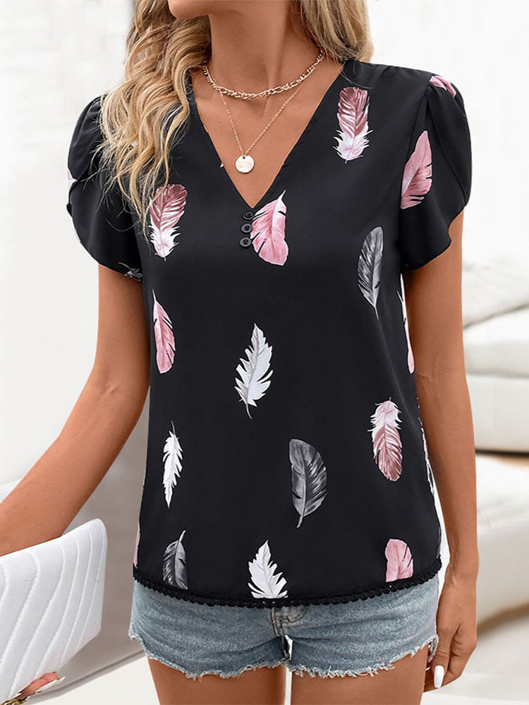 Women's V-Neck Feather Print Short Sleeve Loose Fit Casual T-Shirt Top