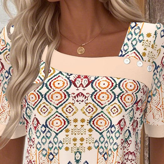 Women's Elegant Slant Collar Printed Button Detail Short Sleeve T-Shirt Top