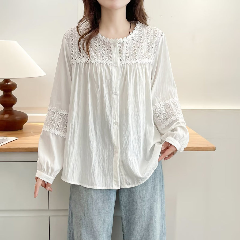Women's Crochet Patchwork Long Sleeve Shirt – Trendy Casual Button-Up Blouse for Everyday Wear