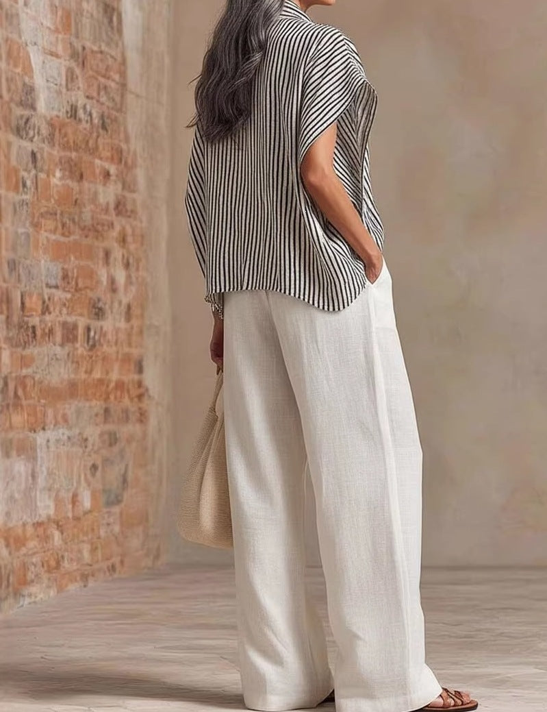 Women's Summer Casual Wide-Leg Pants Two-Piece Set – Short Sleeve Relaxed Outfit