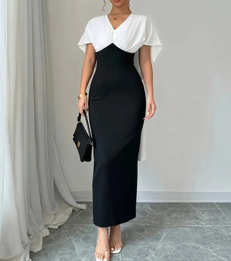 Style Girl Slim Fit Hip Slit Black and White Contrast Cape Dress for Women Elegant Midi Party Dress