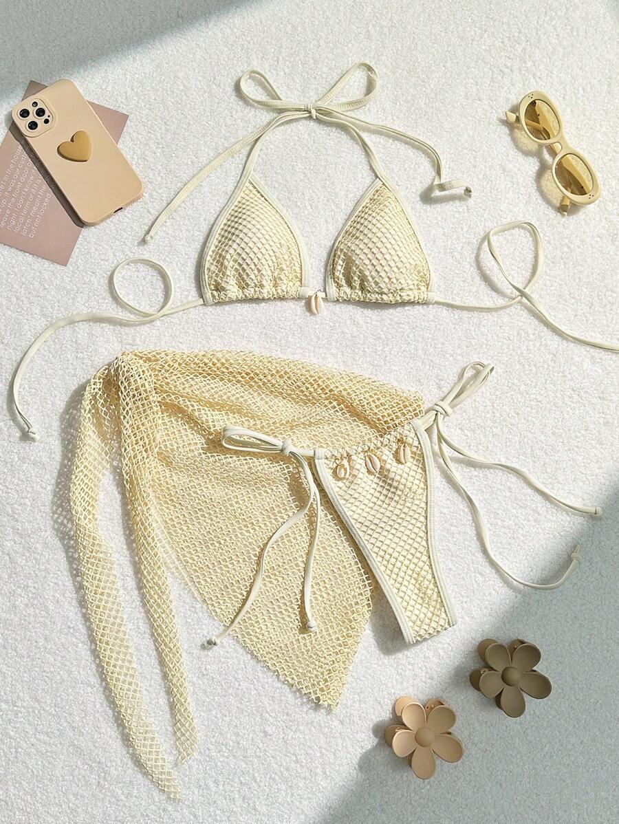 Style Fresh Beach Shell Three-Piece Mesh Bikini Swimsuit