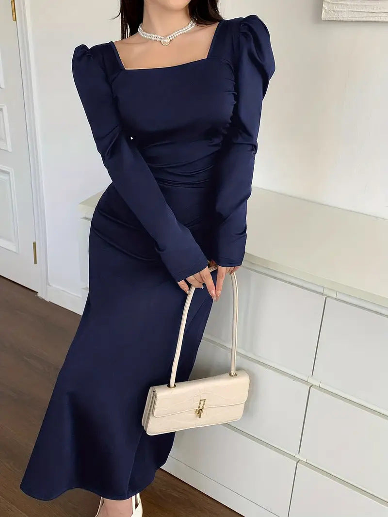 Women's French-Inspired Square Neck Back Design Bow Waist Long Sleeve Midi Dress