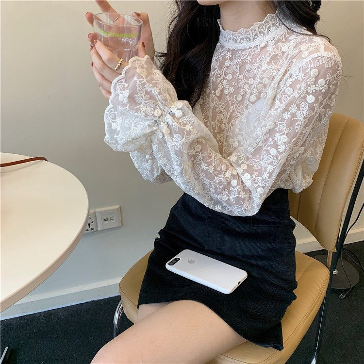 Women's New Sheer Mesh Top with Lace Detail Fairy-Style Chiffon Blouse