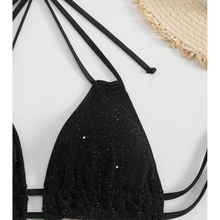 New Solid Color Drawstring Halter Neck Bikini High-Waisted Two-Piece Swimsuit