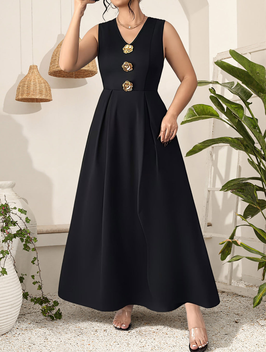Women's Plus Size Sleeveless V-Neck Waist-Defined Elegant Midi Dress, Fashion Casual Comfort Fit