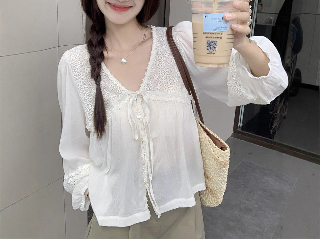 Women's V-Neck Lace Hollow-Out Tie-Up Puff Sleeve Babydoll Sun Protection Shirt