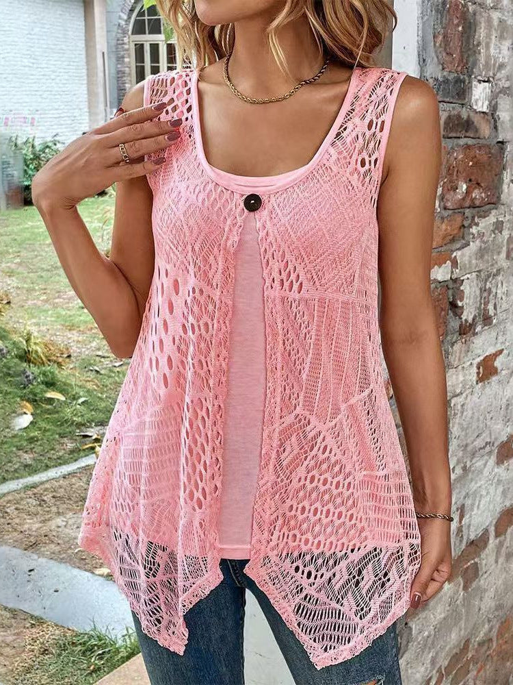 Summer New Casual Pure Color Vest Cut Out Lace Splicing U-Neck Cardigan Top for Women
