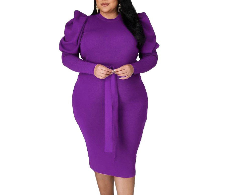 Women's Plus Size Long Sleeve Belted Slim Fit Midi Dress – Elegant & Flattering Curve-Hugging Style