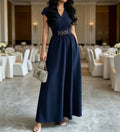 Women's Elegant Short Sleeve Long Dress - Solid Color V-Neck Waist-Cinching Maxi Dress for Casual, Office, Party & Special Occas