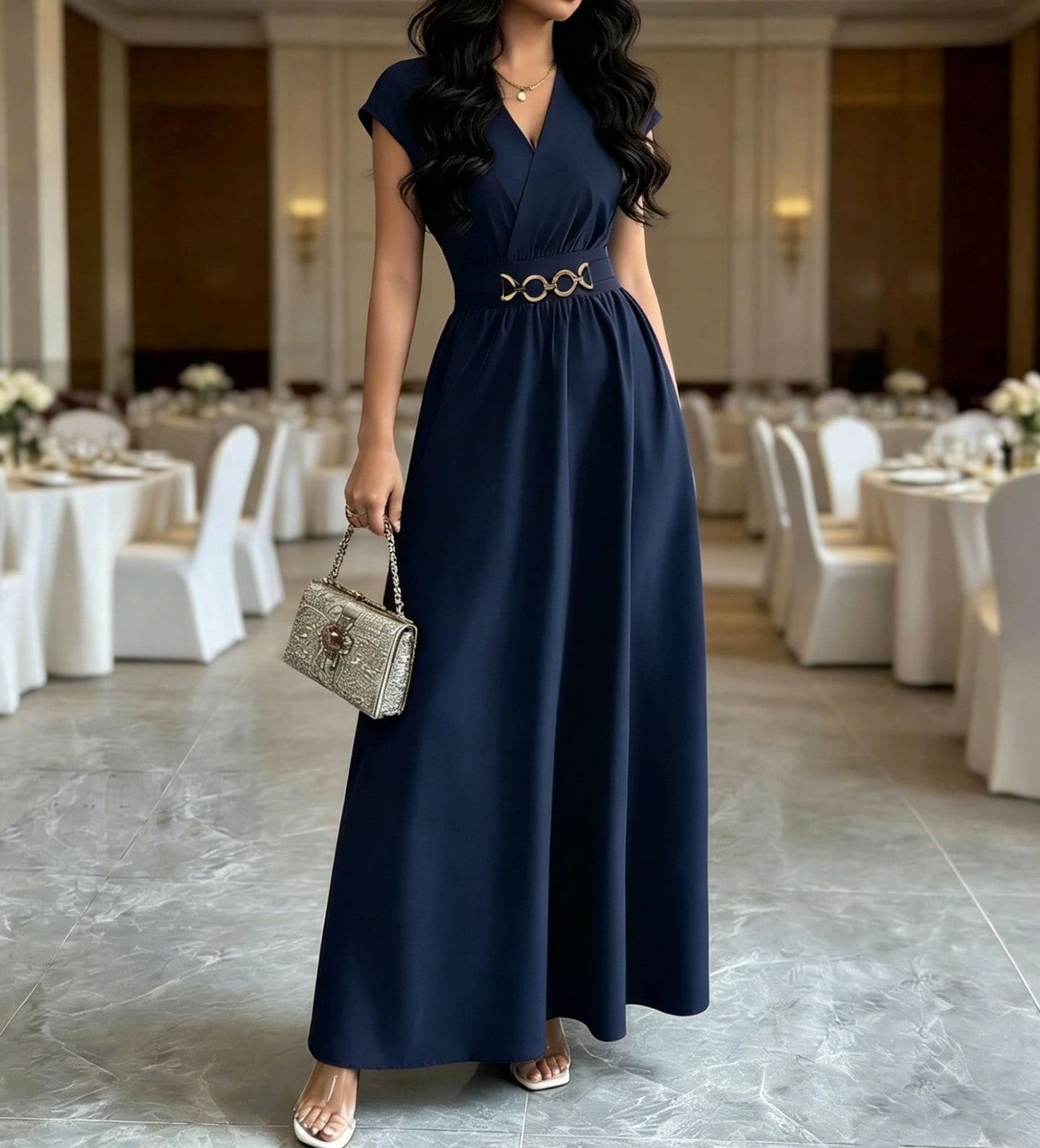 Women's Elegant Short Sleeve Long Dress - Solid Color V-Neck Waist-Cinching Maxi Dress for Casual, Office, Party & Special Occas