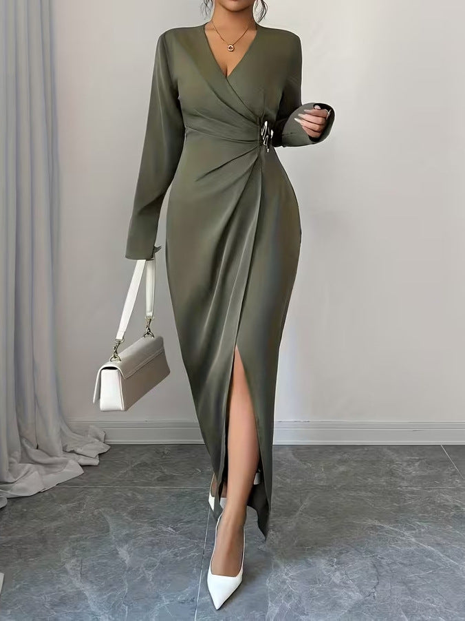 Women's Elegant Long Sleeve Maxi Dress with Side Slit, Irregular Hem, French-Inspired Fashion Dress