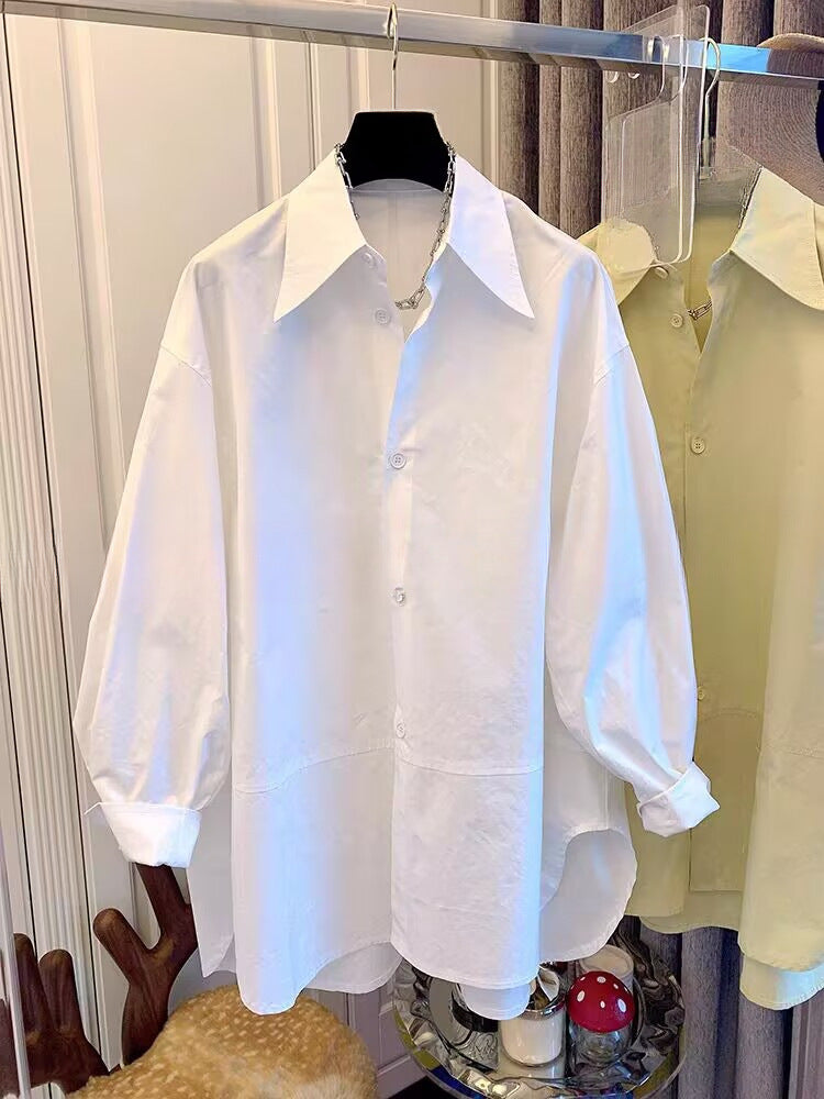 Spring & Autumn Simple Pointed Collar Oversized Shirt Top